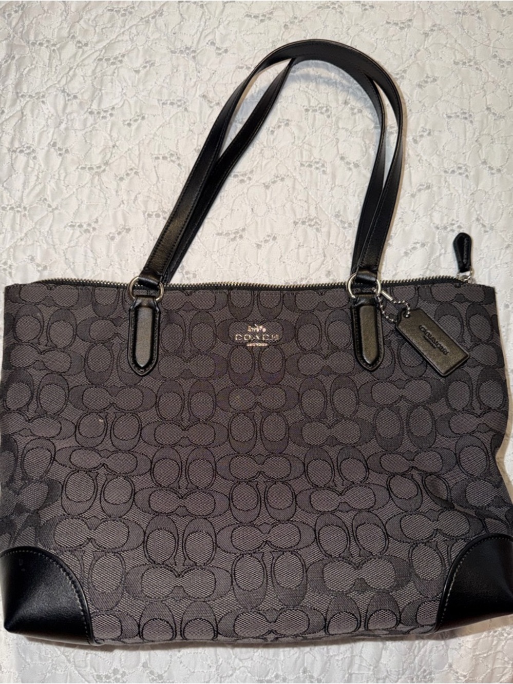Coach Gray Signature Tote with Black Trim